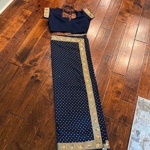 Navy Blue Saree with Gold Design and Matching Blouse